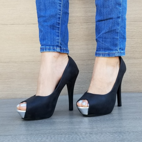 Shoes - Sexy Black Metallic Peep Toe Platform High Heels